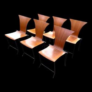 Karl Friedrich Forster For Kff, Set Of 6 Memphis Style Plywood Wooden Chairs, Ca 1980